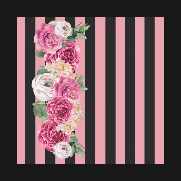 Pink flowers on Black Stripes / Pink roses / Black Pattern / Stripes by allthumbs