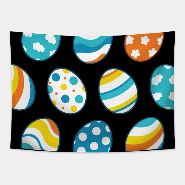 Egg Pattern | Blue Yellow Orange | Stripes Clouds Flowers Dots | Black Tapestry by Wintre2