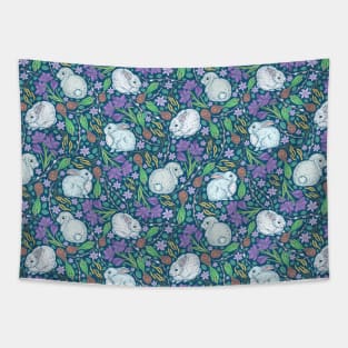 Cute rabbits amount birch blossom and purple crocuses on dark background Tapestry