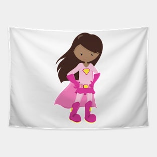 African American Girl, Pink Cape, Superhero Girl Tapestry