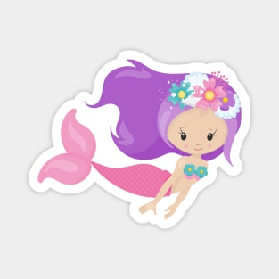 Cute Mermaid, Little Mermaid, Flowers, Purple Hair Magnet