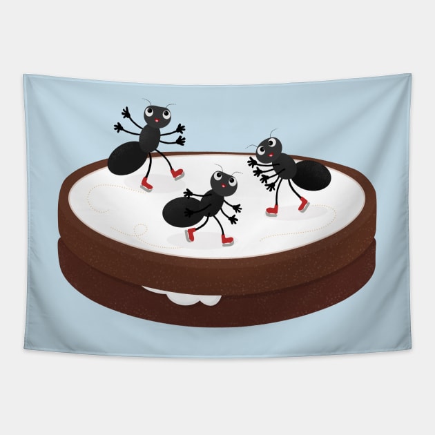 Happy ants ice skating on cookie cartoon Tapestry by FrogFactory