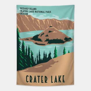 WPA Poster of Crater Lake National Park with Wizard Island and Phantom Ship Tapestry