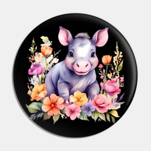 A baby hippo decorated with beautiful watercolor flowers Pin