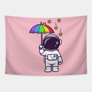 Cute Astronaut With Umbrella In Gold Coin Rain Cartoon Tapestry