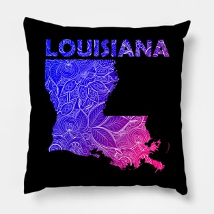 Colorful mandala art map of Louisiana with text in blue and violet Pillow