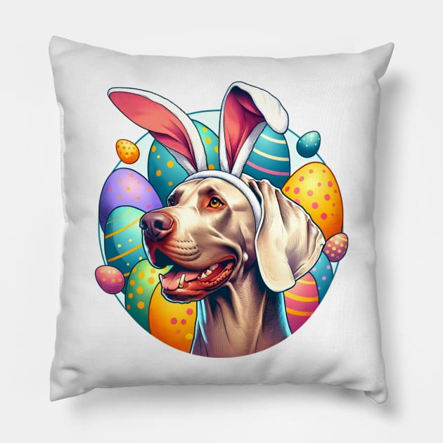 Weimaraner Sports Bunny Ears Amidst Easter Celebrations Pillow by ArtRUs