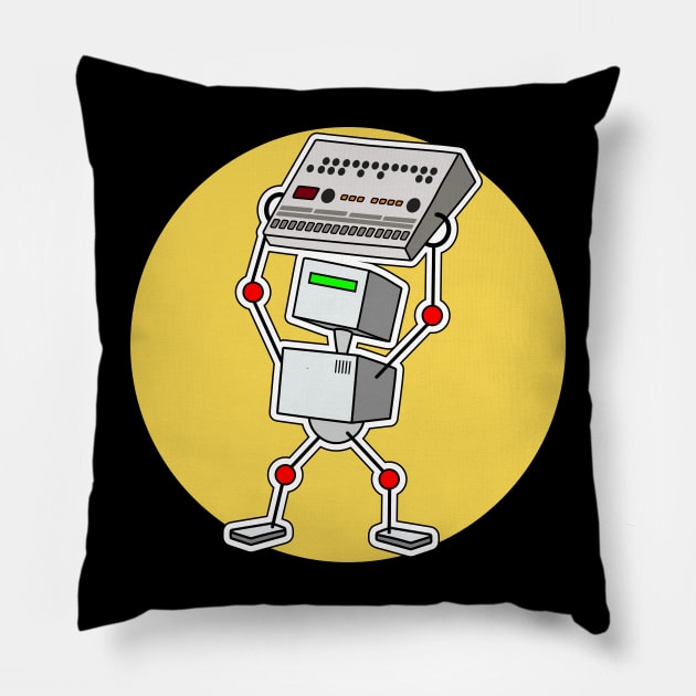 Robot Holding Drum Machine Yellow Pillow by Atomic Malibu