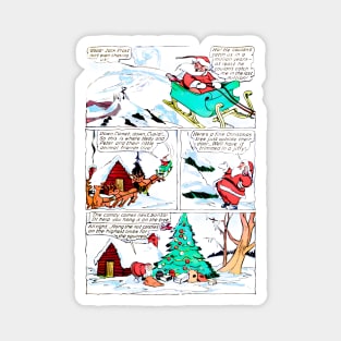 Santa Claus arrives in his sleigh with his reindeer friends to leave the gifts under the snow-filled Christmas tree Retro Vintage Comic Book Magnet