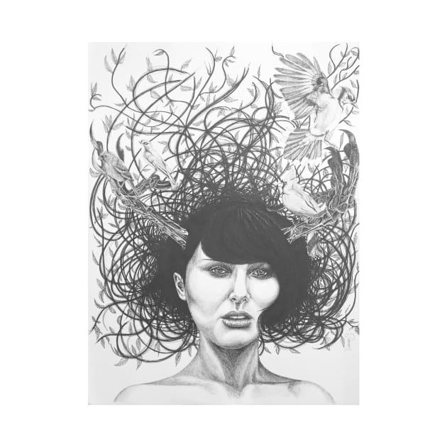 Fantasy drawing of woman woven in branches and horns by DamiansART