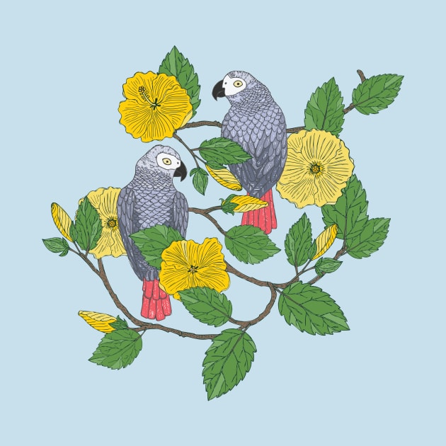 African Grey Parrots and Yellow Flowers by Jacqueline Hurd