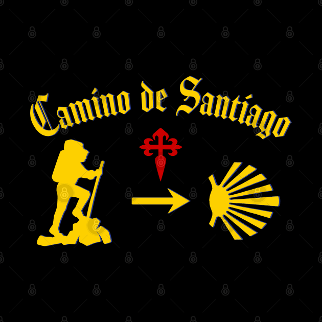 Camino de Santiago de Compostela male pilgrim with Yellow Arrow Scallop Shell Red Cross by Brasilia Catholic