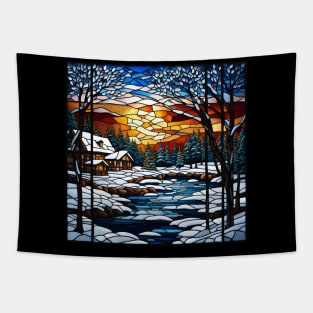 Stained Glass Window Snowy Winter Scene Tapestry