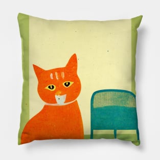 At the Vet Cat Retro Poster Vintage Art Red cat Wall Green Vet Illustration Pillow