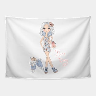 Girl in dress with dog Tapestry