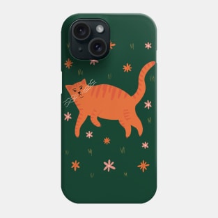 Cool orange cat in flower field illustration Phone Case