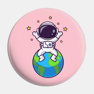 Cute Astronaut Sitting On Earth With Star Cartoon Pin