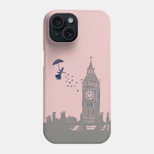 Mary Poppins Flying over Big Ben Linocut in Pink and Grey Phone Case