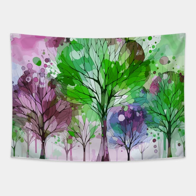 Colorful Green Coral Pink Abstract Trees Tapestry by Siha Arts