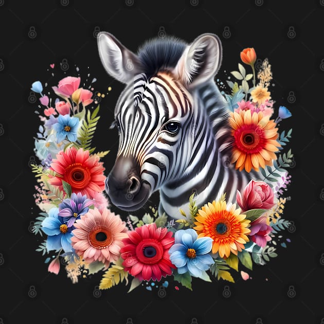 A baby zebra decorated with beautiful colorful flowers. by CreativeSparkzz