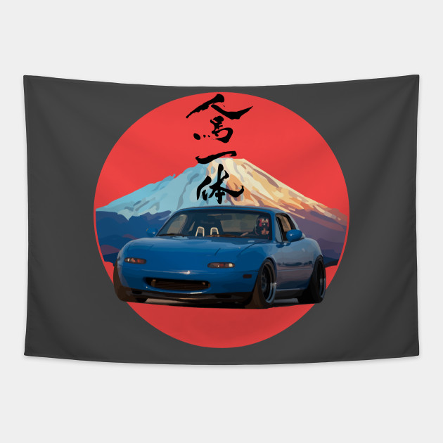 Blue Mazda Miata MX 5 Mount Fuji Jinba Ittai Roadster Life Miata Tapestry TeePublic