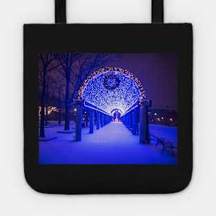 Christopher Columbus Park Trellis lit up for Christmas Snowstorm Boston MA Bench Tote