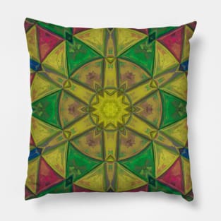 Mosaic Kaleidoscope Flower Yellow Green Pink and Blue Pillow