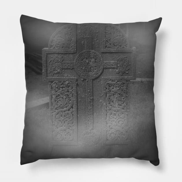 Celtic Cross Tombstone Statue in Fog Pillow by Wanderer Bat