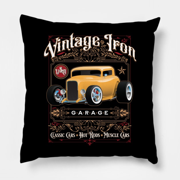 Cool Classic Retro Vintage Iron Thirties Style Hot Rod Car Pillow by hobrath