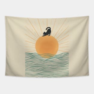 Yoga Cat on Sunrise ocean wave Tapestry