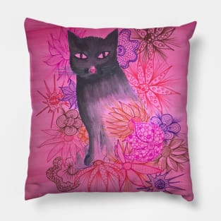 Black cat in the garden. Pillow