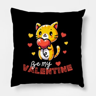 Cat be my valentine holding a heart balloon | Valentines day Pillow