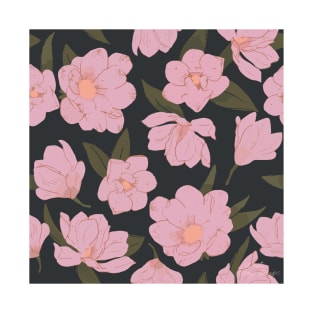 Cold pink magnolias pattern on dark T-Shirt