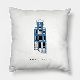 Blue Old House, Amsterdam, Netherlands. Realistic drawing. Pillow