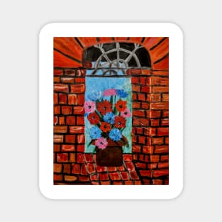 mixed flowers in a metallic copper and vintage cold in a red brick wall Magnet