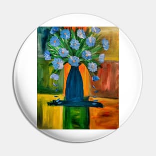 Mixed flowers in turquoise vase on a colorful tiles background Pin