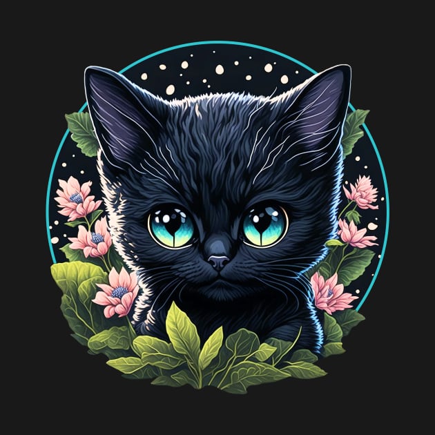 Starry Night Kitten with Big Blue Eyes and Pink Flowers by The Wolf and the Butterfly