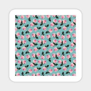 Scattered pink vintage roses on turquoise Magnet