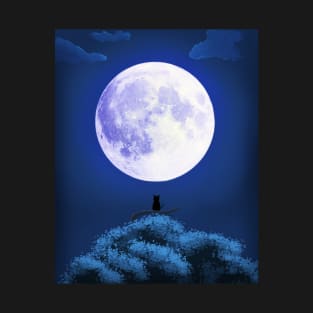 Cat Staring at the Bright Moon Anime Background Landscape T-Shirt