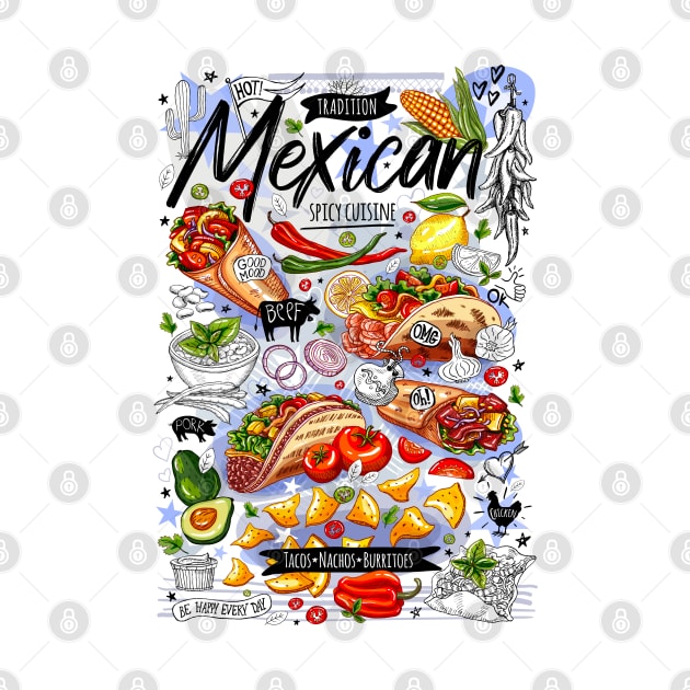 Food poster, food, Mexican, nachos, burritos, tacos, snack by Iraida Bearlala