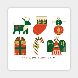 'Jingle, Joy, Sleigh & Play.' Minimalist and Iconic Christmas Design Magnet