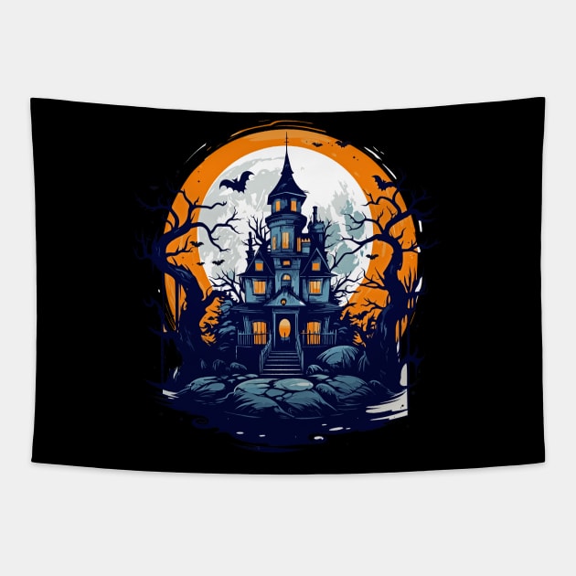 Halloween Haunted House Under a Full Moon Tapestry by Tees 4 Thee