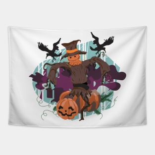 Scarecrow and Halloween pumpkins Tapestry