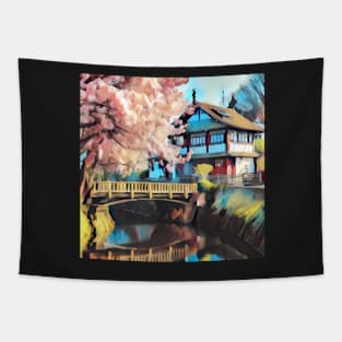 Cherry Blossom Tree Near A Japanese Style House Tapestry