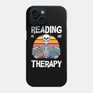 Vintage retro skeleton holding books reading is my therapy Phone Case