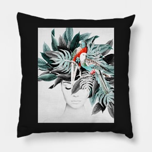 Woman with tropical plants, Parrot, Abstract, Girl, Fashion art, Modern art, Wall art, Print, Modern Pillow