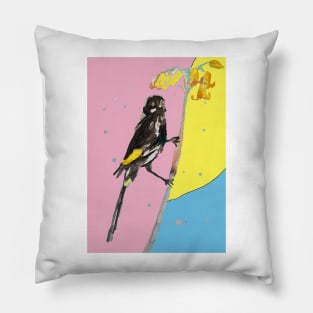 Australian Honeyeater Bird Painting - New Holland on Pale Blue and Yellow Pillow