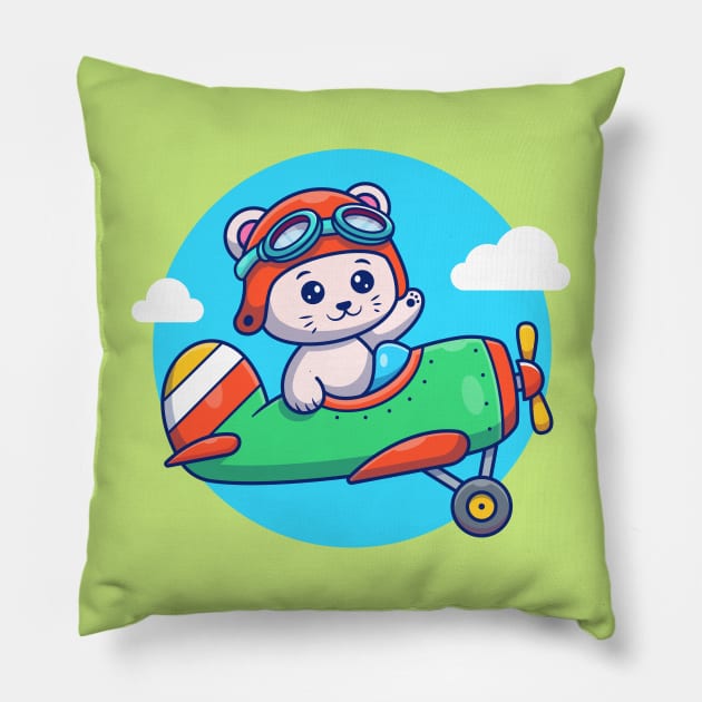 Cute Cat Flying With Vintage Plane Pillow by Catalyst Labs