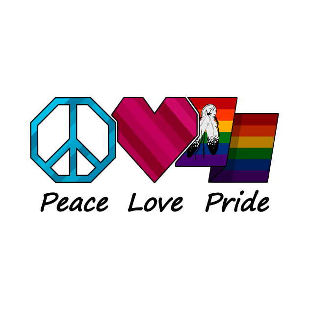 Peace, Love, and Pride design in Two-Spirited pride flag colors by LiveLoudGraphics