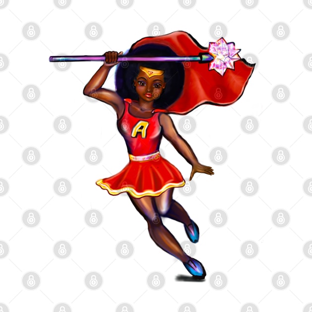 Black anime superhero girl with red cape ! beautiful  black girl with Afro hair, brown eyes, Cherry pink lips and dark brown skin. Hair love ! by Artonmytee